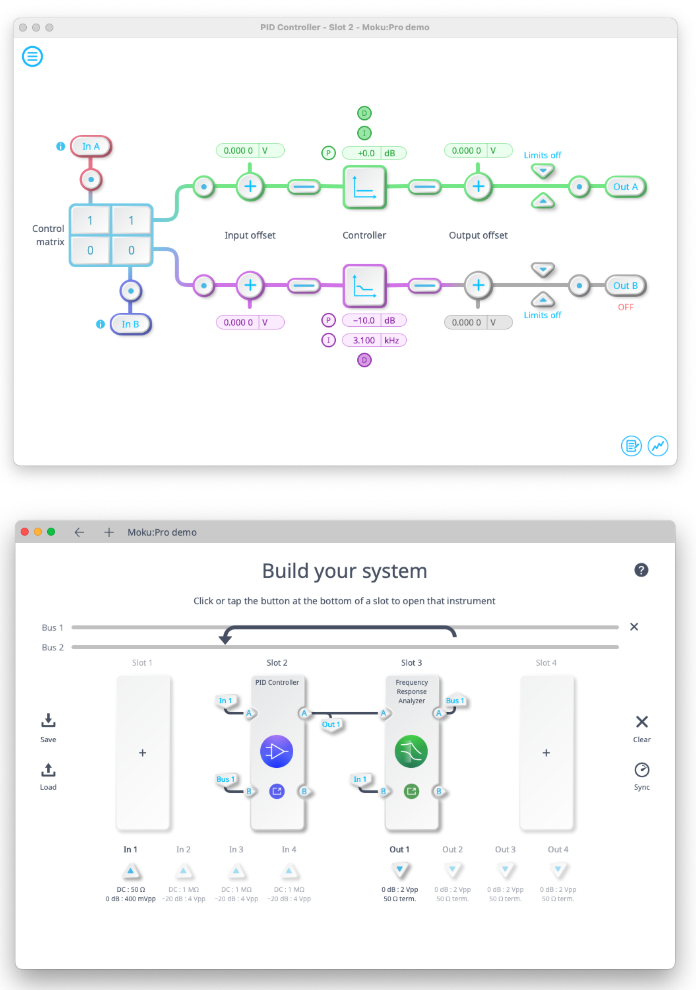 Moku's Multi-Instrument Mode configured to enable measurements of a system’s open-loop transfer function using the Frequency Response Analyzer and PID Controller instruments